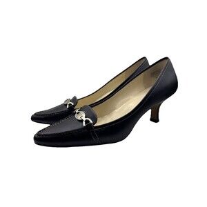 Anne Klein Black Leather Kitten Heel Loafers with Silver Accent